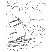 kleurplaat: Foto van een kleurenboek met een zeilboot op de achtergrond van zonsondergang