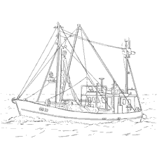 kleurplaat: Tekening van een vissersboot tegen de achtergrond van de zee