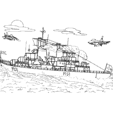 kleurplaat: Tekening van een Deens fregat met vliegtuigen in de lucht