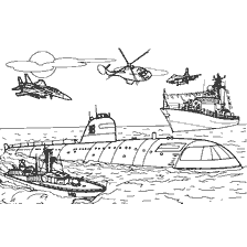 kleurplaat: Tekening met een onderzeeër en oorlogsschepen