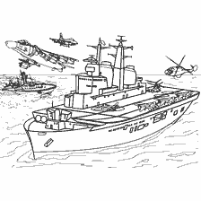 kleurplaat: Britse vliegdekschip Onoverwinnelijk met vliegtuigen en helikopters