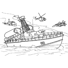 kleurplaat: Raketboot met vliegtuigen en helikopters in de lucht