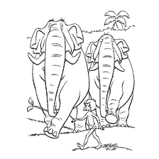 página para colorear: Mowgli camina entre dos elefantes en la selva