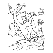 página para colorear: Mowgli y Bagheera junto al río, Libro para colorear de la selva