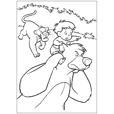 página para colorear: Mowgli y sus amigos en peligro en la selva