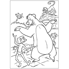 página para colorear: Un niño baila con un oso Balu y un loro en el fondo de la selva.