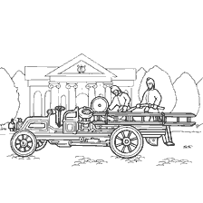 Dessin d'un vieux camion de pompiers de 1904 avec des pompiers.