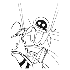 página para colorear: Imagen del libro de colores con personajes WALL-E, Eva y el capitán