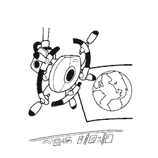 página para colorear: Wall-E interactúa con una computadora contra el fondo de la Tierra