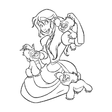 coloring page: Jane from Tarzan with little monkeys