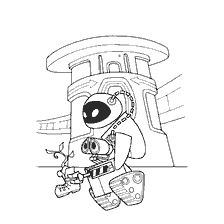 página para colorear: WALL-E con una planta en el fondo de la estación espacial