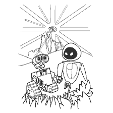 página para colorear: Colorear WALL-E y Eva contra el fondo de vegetación y sol