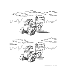 página para colorear: Imagen para colorear con el personaje WALL-E y el contenedor
