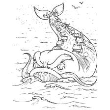 Tekening van een wonder Yudo vis-walvis met huizen op de achterkant