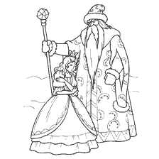 Illustration from the fairy tale of the Brothers Grimm: the Queen and the old man with a staff