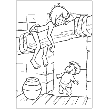 página para colorear: Partiendo del libro para colorear del Libro de la Selva, en el que Mowgli se sienta en un tronco, y el bebé lo mira.