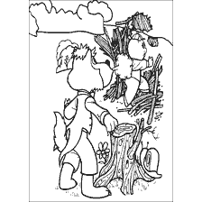 Dibujo con tres cerditos y una casa colapsada de ramas