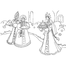 pagina da colorare: Illustrazione dal libro di colorazione Fairytale Regno Principessa Frog con personaggi che trasportano i dolcetti