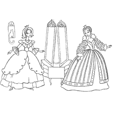 pagina da colorare: Due principesse provano costumi in un regno da favola