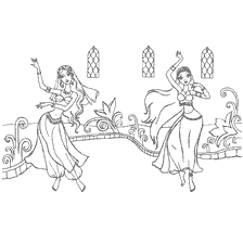 pagina da colorare: Due ballerini in abiti orientali che eseguono una danza sullo sfondo di elementi di un regno favoloso.
