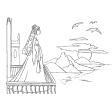 pagina da colorare: Un disegno di una principessa su un balcone con vista sul tramonto e sulle montagne