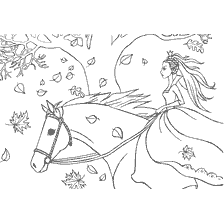 pagina da colorare: Una principessa fiaba a cavallo tra le foglie autunnali