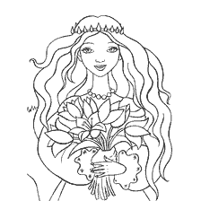 pagina da colorare: Principessa colorante con un mazzo di fiori
