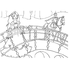 pagina da colorare: Immagine da colorare di una principessa su un ponte e un cavaliere su un cavallo