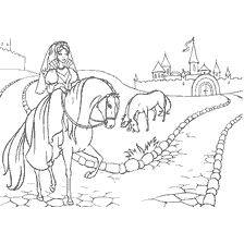 pagina da colorare: Un libro da colorare favoloso. La strada per il castello con la principessa a cavallo e pascolo.