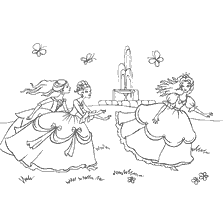 pagina da colorare: Tre principesse che correvano verso una fontana in un regno da favola.