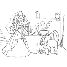pagina da colorare: Disegno con una strega, gatti e pozione