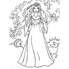 pagina da colorare: Una principessa con animali della foresta in un regno favoloso.
