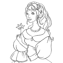 pagina da colorare: Un disegno di una principessa con un fiore nelle sue mani per colorare