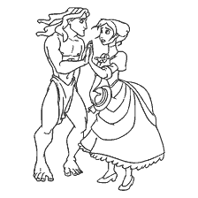coloring page: Tarzan and Jane are facing each other.