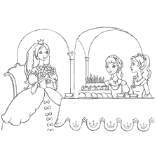 pagina da colorare: Disegno per la colorazione - Fairytale Regno, compleanno con principesse e torta