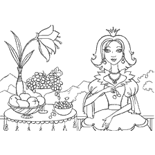 pagina da colorare: Colorare con la principessa a colazione con frutta e fiori