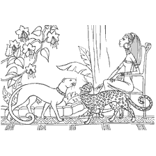 pagina da colorare: Principessa egiziana con leopardo e pantere