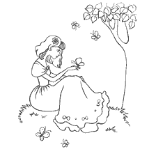 pagina da colorare: Principessa con una farfalla nel Regno di Fairytale