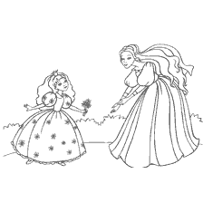 pagina da colorare: Un disegno di una piccola principessa e sua madre in un regno da favola