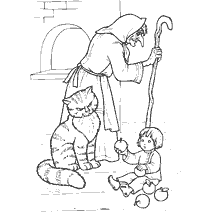 coloring page: Illustration from the coloring book Russian folk tales showing Baba Yaga with a cat and a child.