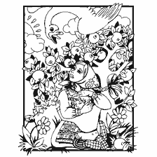 coloring page: The story of a girl and a swan at an apple tree