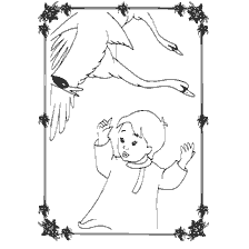 coloring page: A boy with his hands up and a swan flying over him