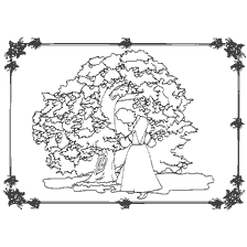 coloring page: Drawing an apple tree with a girl from Russian folk tales