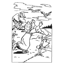 coloring page: Illustration to the Russian folk tale of Gusi-swan, where Ivanushka tries to grab carried away geese.
