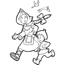 coloring page: A painting with children who run away and birds in the sky
