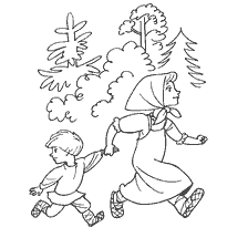 coloring page: Girl leads boy in forest inspired by Russian folk tales