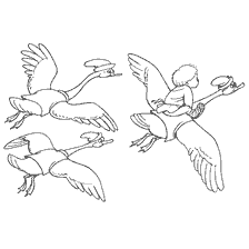 coloring page: The geese carry Ivanushka in a fairy tale