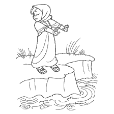 coloring page: A girl in folk clothes stands on the bank of the river, stretching her arms forward