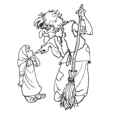 coloring page: Illustration of Baba Yaga, frightening girl