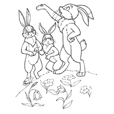 coloring page: Two hares and one bold hare in the background of flowers